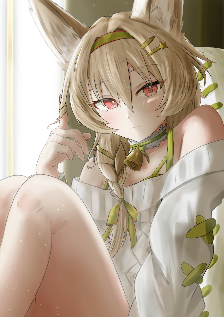 1girl absurdres arknights bare_shoulders beanstalk_(arknights) beanstalk_(gift_uncompleted)_(arknights) bell braid breasts cleavage cropped_sweater green_eyes green_hair green_hairband hair_over_shoulder hair_twirling hairband highres hihichamama hyena_ears hyena_girl knee_up neck_bell neck_garter off-shoulder_sweater off_shoulder official_alternate_costume single_braid striped striped_hairband sweater white_sweater