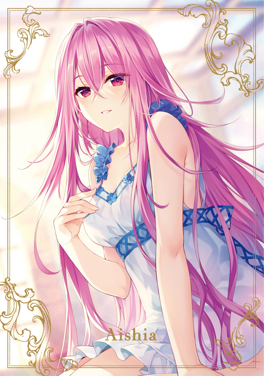 1girl aishia bare_shoulders breasts collarbone dress frilled_dress frills highres long_hair medium_breasts parted_lips pink_hair red_eyes riv seirei_gensouki sleeveless smile solo