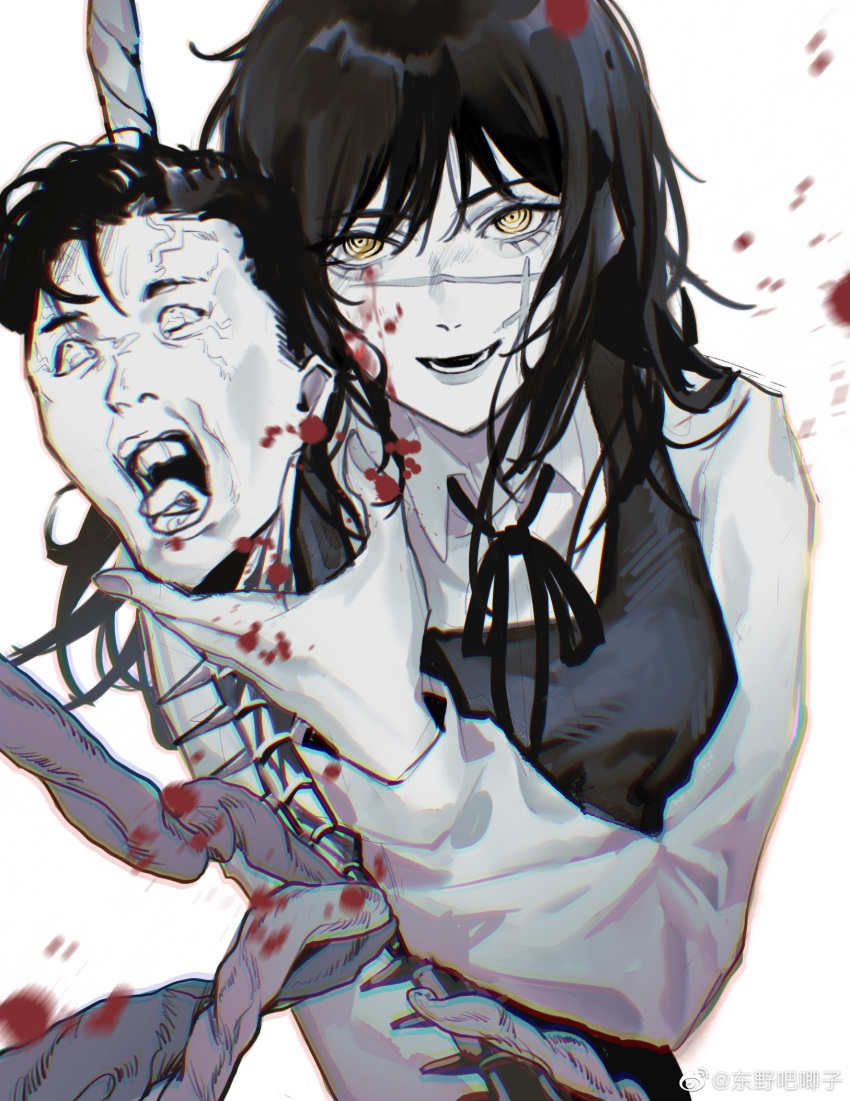 1girl bangs black_hair blood blood_on_face chainsaw_man chinese_commentary chromatic_aberration collared_shirt commentary_request elicooc hand_up highres intestines limited_palette long_hair long_sleeves looking_at_viewer mitaka_asa neck_ribbon open_mouth ribbon ringed_eyes scar scar_on_cheek scar_on_face school_uniform severed_head shirt simple_background smile solo spine upper_body war_devil_(chainsaw_man) weibo_logo weibo_username white_background white_shirt yellow_eyes