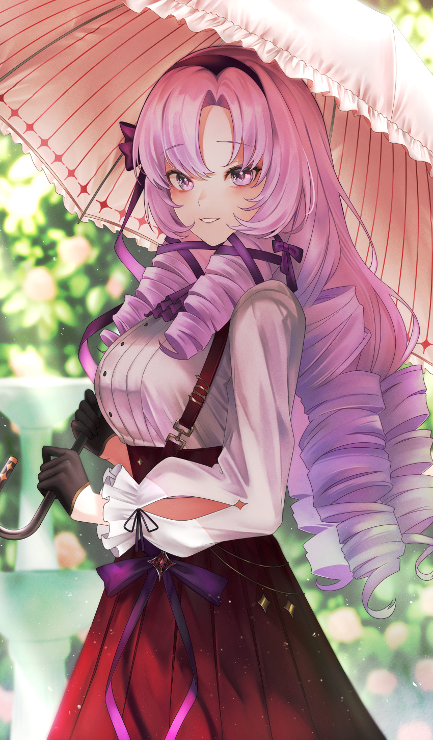 1girl absurdres black_gloves blurry blurry_background blush breasts collared_shirt dress_shirt drill_hair from_side gfpebs gloves hair_ribbon half_gloves headband high-waist_skirt highres holding holding_umbrella hyakumantenbara_salome large_breasts long_hair looking_afar nijisanji purple_eyes purple_hair purple_headband purple_ribbon red_skirt ribbon shirt shirt_tucked_in skirt smile solo umbrella virtual_youtuber white_shirt