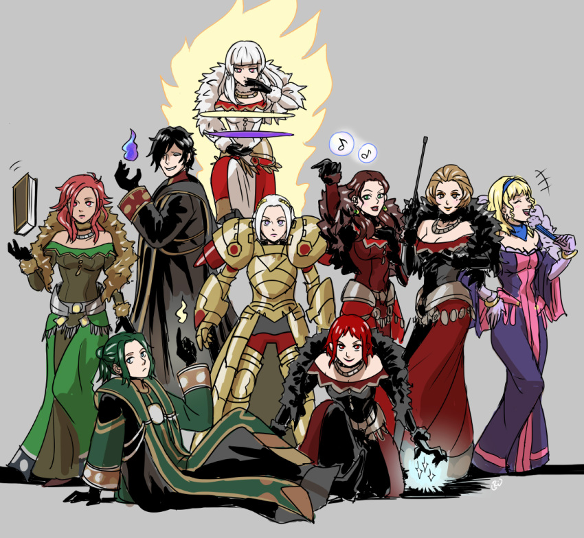 2boys 6+girls armor aura bare_shoulders black_hair blonde_hair book brown_hair constance_von_nuvelle dorothea_arnault dress edelgard_von_hresvelg fire_emblem fire_emblem:_three_houses fire_emblem_warriors:_three_hopes floating gloves green_hair hair_slicked_back hapi_(fire_emblem) hubert_von_vestra linhardt_von_hevring looking_at_viewer lysithea_von_ordelia magic manuela_casagranda monica_von_ochs multiple_boys multiple_girls musical_note off-shoulder_dress off_shoulder official_alternate_costume pose red_hair riding_crop rijinks shawl smile white_hair