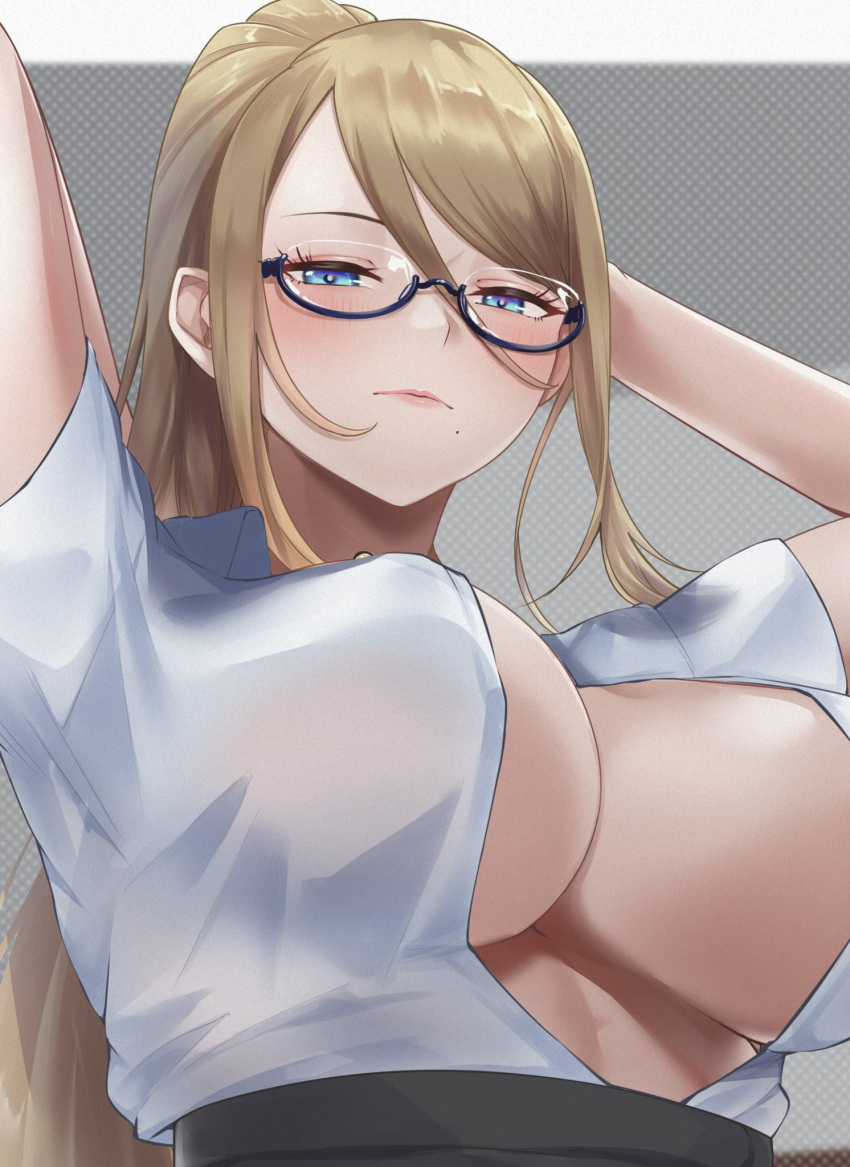 1girl arms_behind_head arms_up bangs black_skirt blonde_hair blue_eyes blush breasts center_opening cleavage collared_shirt glasses hair_between_eyes highres large_breasts long_hair looking_at_viewer metroid mole mole_under_mouth partially_unbuttoned ponytail samus_aran shirt short_sleeves sidelocks skirt solo swept_bangs tinnies white_shirt