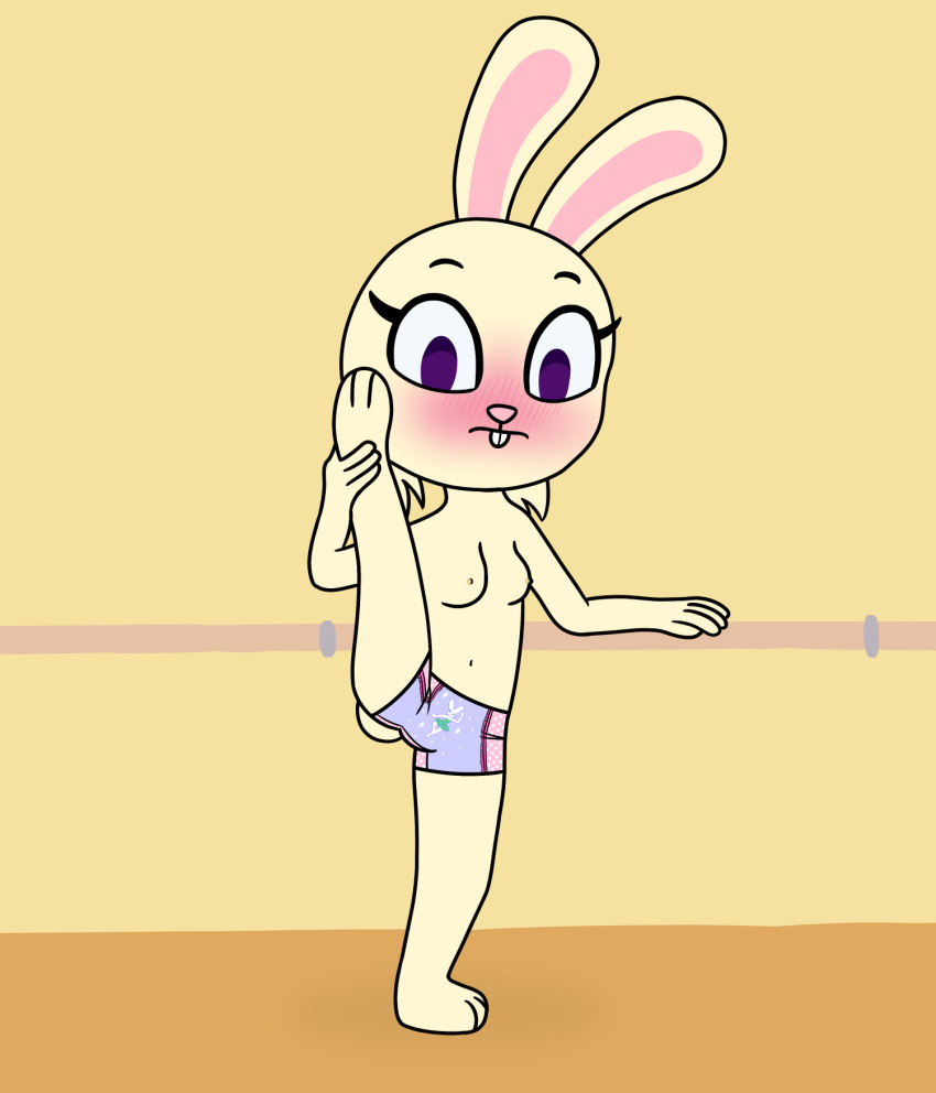 2022 6:7 anthro ballet barre biped blush bottomwear boy_shorts breasts buckteeth clothed clothing dance_studio digital_media_(artwork) embarrassed eyelashes female flexible frilly_panties front-print_panties fur hi_res inside lagomorph leporid looking_down mammal navel no_pupils on_one_leg one_leg_up panties panties_only pattern_bottomwear pattern_clothing pattern_panties pattern_underwear pazymomo pigtails pink_clothing pink_nose pink_panties pink_underwear polka_dots print_clothing print_panties print_underwear purple_clothing purple_eyes purple_panties purple_underwear rabbit railing raised_leg solo splits spread_legs spreading standing stretching tan_body tan_fur teeth topless underwear underwear_only upskirt vertical_splits yoghurt_(pazymomo)