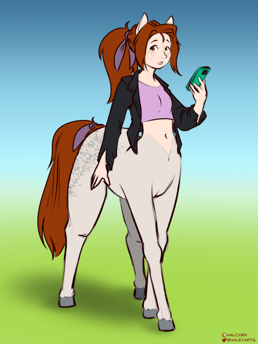 brown_hair centaur clothing digital_media_(artwork) equid equid_taur female freckles hair halcy0n hi_res holding_object holding_phone hooves humanoid_taur jacket looking_aside mammal mammal_taur navel open_mouth phone ponytail shirt simple_background solo standing surprise taur topwear