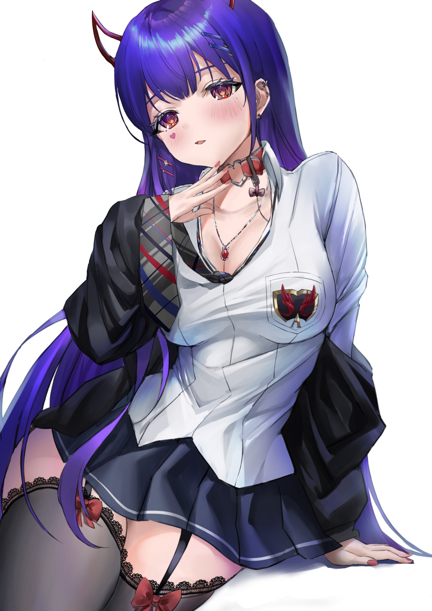 1girl absurdres akuma_nihmune black_jacket black_skirt black_thighhighs blazer bow breasts choker cleavage collared_shirt ear_piercing grey_necktie heart heart_choker highres horns indie_virtual_youtuber jacket leaning_to_the_side medium_breasts necktie off_shoulder piercing pink_eyes purple_bow red_bow shirt sitting skirt solo thighhighs virtual_youtuber white_shirt yashu_(shubewbz)