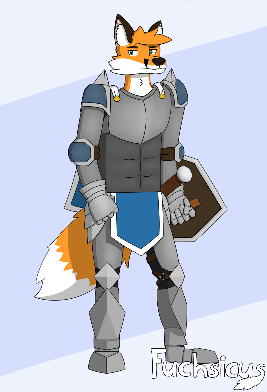 2022 absurd_res alexander_(fuchsicus) anthro armor canid canine cape clothing colored digital_drawing_(artwork) digital_media_(artwork) fox fuchsicus fur hair hi_res knight male mammal melee_weapon shield signature simple_background solo standing stare sword warrior weapon