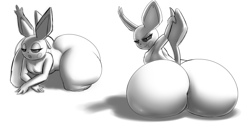 absurd_res anthro anus bedroom_eyes bent_over big_butt butt dipstick_ears female genitals hand_on_tail hi_res huge_butt huge_thighs kneeling looking_at_viewer looking_back monochrome multicolored_ears narrowed_eyes nintendo nude open_mouth pichu pok&eacute;mon pok&eacute;mon_(species) pussy seductive sitting smile solo starstrikex thick_thighs video_games