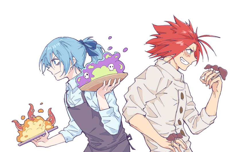 2boys ahoge akaboshi_bisco apron bad_food blue_hair blue_ribbon facial_mark facial_tattoo food green_eyes grin hair_ribbon highres holding holding_food long_hair male_focus messy_hair minazukishiro multiple_boys mushroom nekoyanagi_milo ponytail red_hair ribbon sabikui_bisco simple_background smile tattoo tentacles white_background