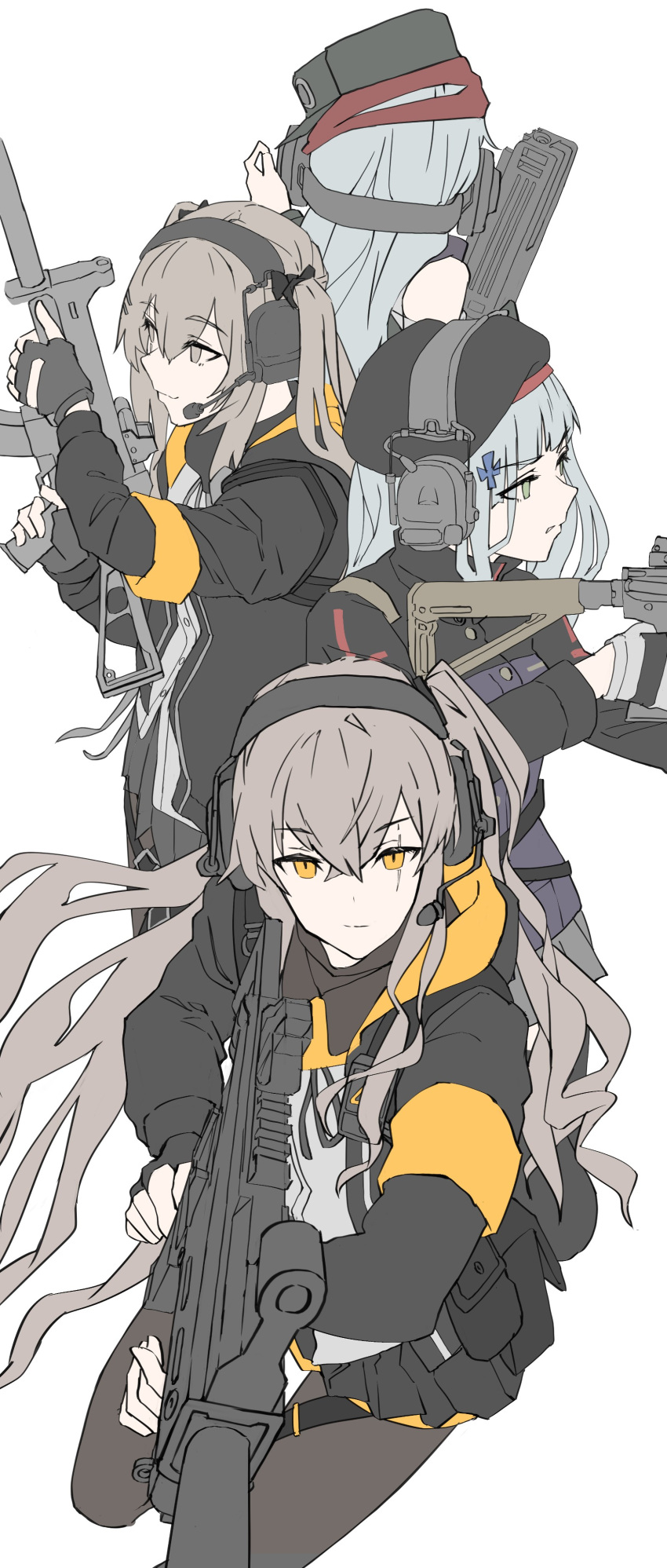 404_(girls'_frontline) 4girls absurdres assault_rifle bangs bare_shoulders beret blunt_bangs brown_hair closed_mouth commentary_request feet_out_of_frame fingerless_gloves fujita_(condor) g11_(girls'_frontline) girls'_frontline gloves green_eyes grey_eyes grey_hair gun h&amp;k_g11 h&amp;k_hk416 h&amp;k_ump45 hair_between_eyes hair_ornament hair_ribbon hairclip hat headset highres hk416_(girls'_frontline) holding jacket long_hair looking_at_viewer multiple_girls one_side_up orange_eyes pantyhose pleated_skirt ribbon rifle scar scar_across_eye scar_on_face serious shirt simple_background sketch skirt smile twintails ump45_(girls'_frontline) ump9_(girls'_frontline) weapon white_background white_shirt