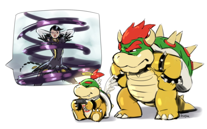 1girl 2boys bayonetta_(series) bayonetta_3 black_hair bowser bowser_jr. braid clothing_cutout crossover earrings eyeshadow father_and_son glasses gloves gun halo jewelry lipstick long_hair looking_at_viewer makeup mario_(series) mole mole_under_mouth multicolored_hair multiple_boys nintendo_switch one_eye_closed red_hair ribbon simple_background smile streaked_hair stup-jam twin_braids weapon