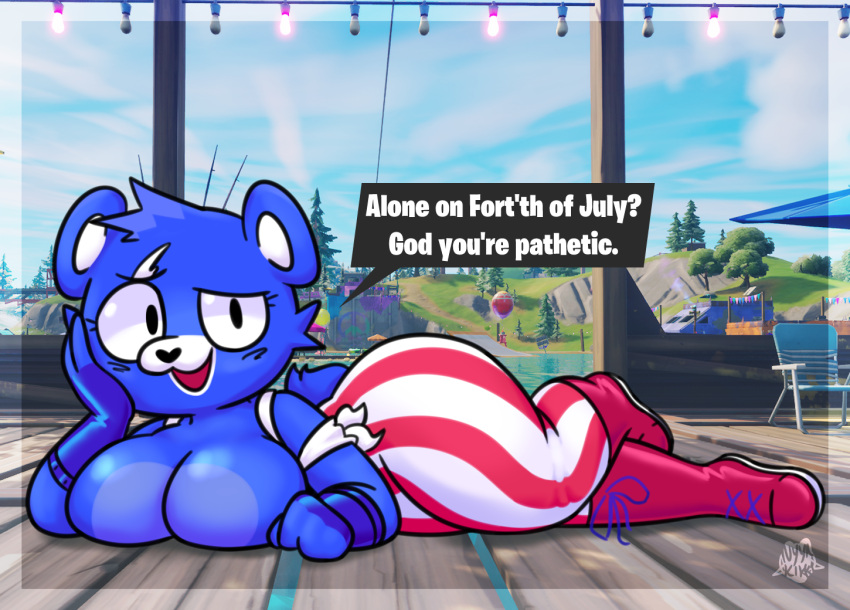 &lt;3 4th_of_july anthro armband big_breasts blue_body blue_fur blush blush_lines boots bottomwear breasts cheek_tuft clothing curvy_figure english_text epic_games eye_scar eyelashes facial_scar facial_tuft female fireworks_team_leader foamytail footwear fortnite fur glistening glistening_breasts glistening_clothing gloves hair hand_on_cheek handwear heart_nose looking_at_viewer lying mammal on_side pants pattern_bottomwear pattern_clothing pattern_pants photo_background red_boots red_clothing red_footwear scar seductive short_hair small_ears solo stars_and_stripes striped_bottomwear striped_clothing striped_pants stripes text thick_thighs tuft united_states_of_america ursid video_games voluptuous white_body white_fur wide_hips