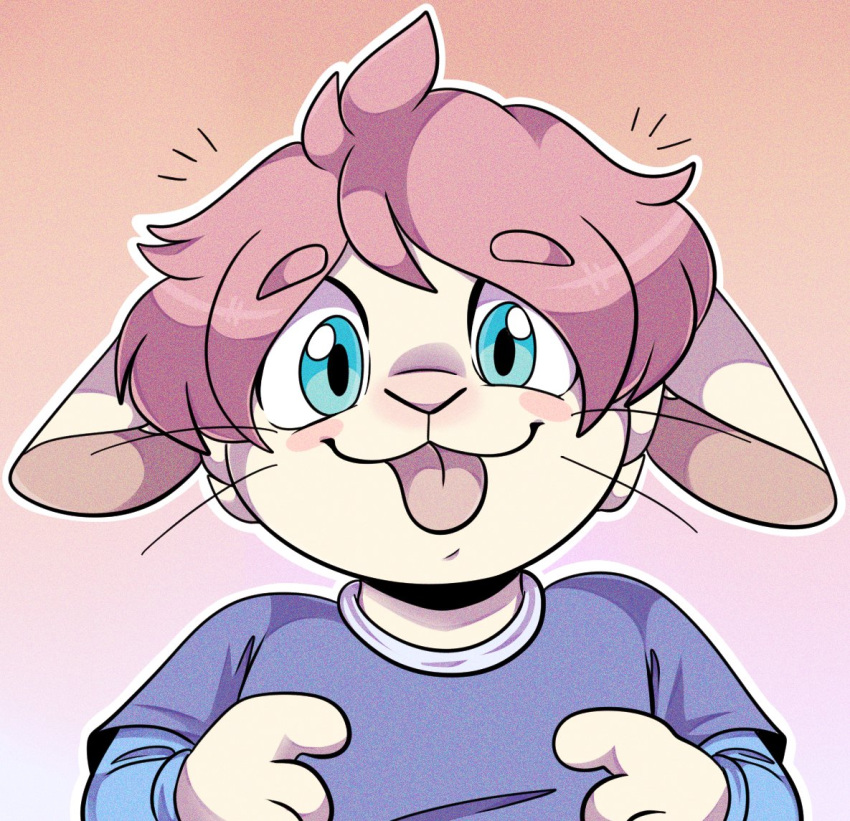 ahoge anthro blep blue_eyes blush cheek_tuft facial_tuft floppy_ears hair hand_on_chest hare joshie_(calahootheyeen) lagomorph layered_clothing leporid male mammal pink_hair rabbit rondograzioso solo tongue tongue_out tuft whiskers