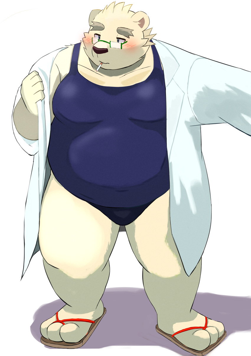 9dtq0 absurd_res anthro belly blush cigarette clothing coat eyebrows eyewear footwear fur glasses hi_res lab_coat leib_(tas) lifewonders male mammal one-piece_swimsuit overweight polar_bear sandals school_swimsuit smoking solo swimwear thick_eyebrows tokyo_afterschool_summoners topwear ursid ursine video_games white_body white_fur