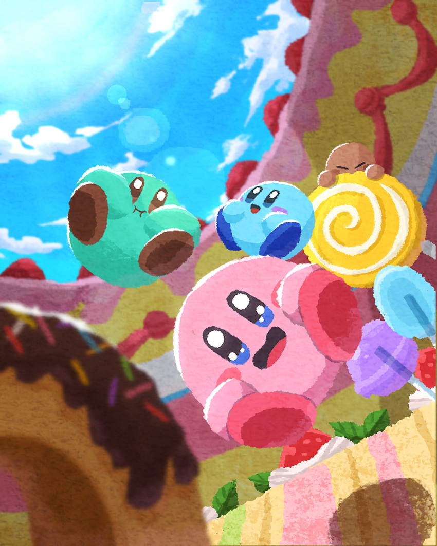 biting blush cake candy closed_eyes cloud cloudy_sky day desert doughnut eating flying food fruit happy highres kirby kirby's_dream_buffet kirby_(series) lollipop miclot open_mouth sky sparkling_eyes strawberry sun sunlight tongue