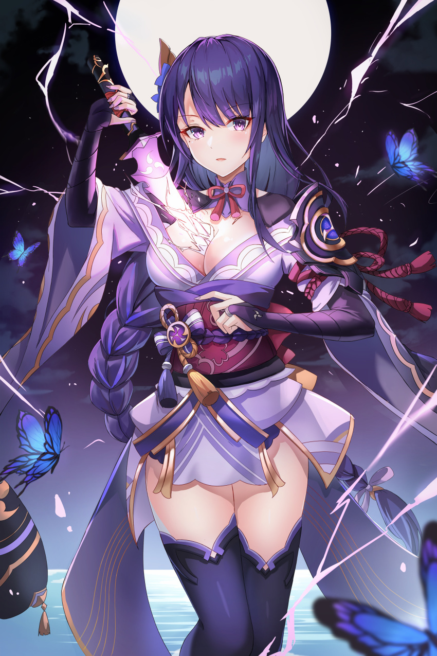 1girl absurdres bangs between_breasts blush braid braided_ponytail breasts bridal_gauntlets bug butterfly cleavage electricity flower genshin_impact hair_flower hair_ornament hand_up highres holding holding_sword holding_weapon japanese_clothes large_breasts long_hair mole mole_under_eye moon neon_(hhs9444) obi off_shoulder parted_lips purple_eyes purple_hair purple_thighhighs raiden_shogun rope sash shimenawa shrug_(clothing) single_braid solo swept_bangs sword tassel thighhighs thighs tomoe_(symbol) vision_(genshin_impact) water weapon wide_sleeves
