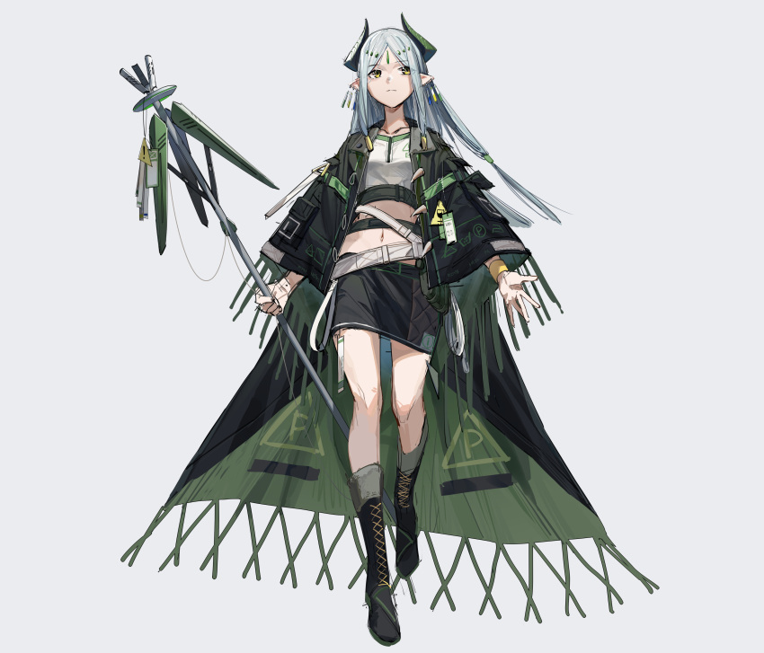 1girl absurdres bangs black_footwear black_jacket black_skirt boots cape chinese_commentary coat commentary_request crop_top cross-laced_footwear earrings full_body green_horns grey_background grey_hair highres jacket jewelry long_hair navel open_clothes open_coat parted_bangs pixiv_fantasia pixiv_fantasia_mountain_of_heaven pointy_ears skirt solo yellow_eyes zhili_xingzou