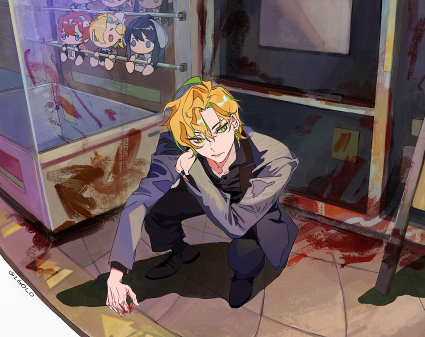 1boy ambiguous_red_liquid bangs blonde_hair closed_mouth earrings full_body highres hypnosis_mic izanami_hifumi jewelry long_sleeves multicolored_hair reichio sideways_glance squatting stuffed_toy suit_jacket yellow_eyes