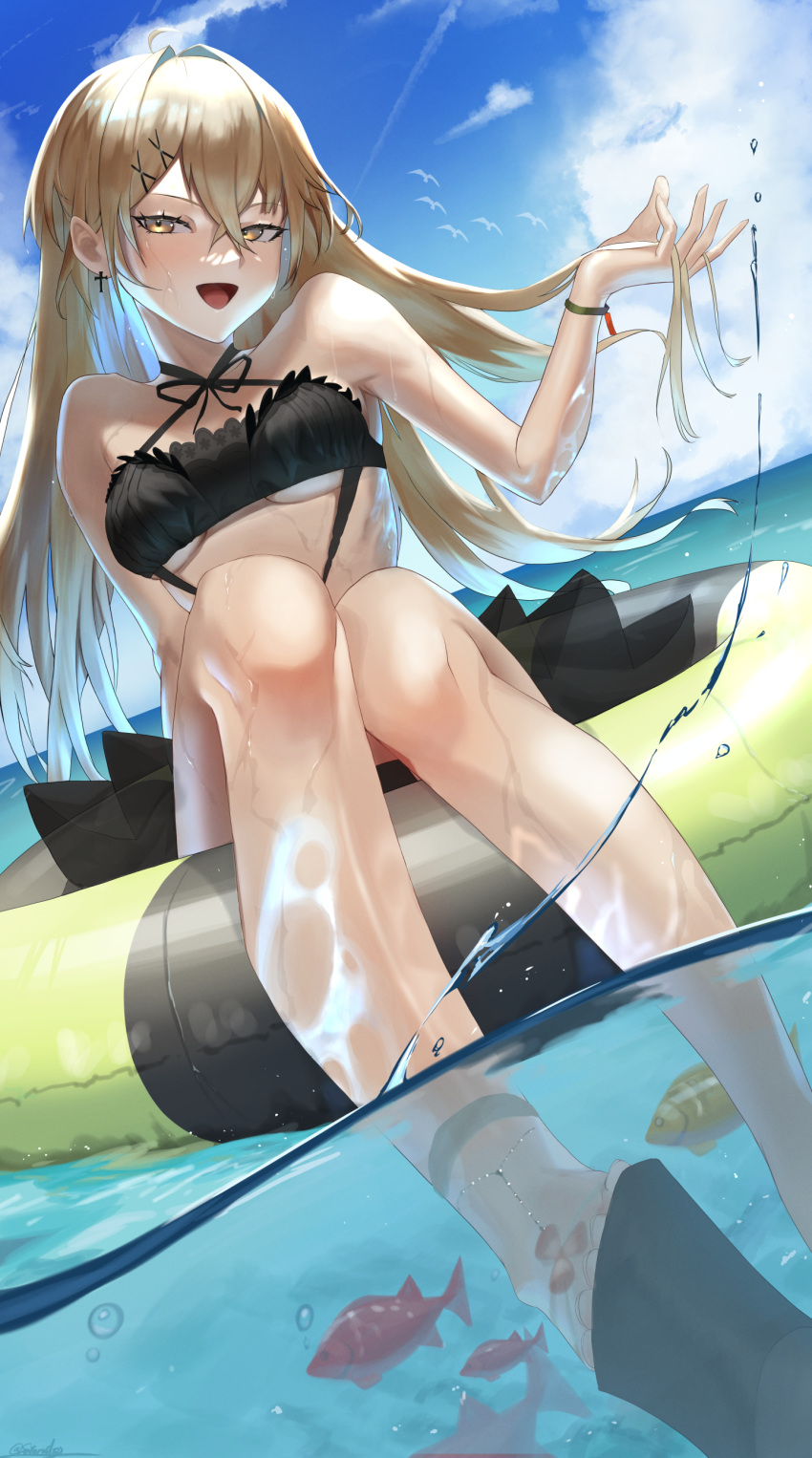 1girl absurdres bangs bikini breasts commentary_request fish girls'_frontline hair_between_eyes highres innertube light_brown_hair long_hair medium_breasts ocean official_alternate_costume open_mouth partially_submerged ppk_(foliage_romance)_(girls'_frontline) ppk_(girls'_frontline) saturndxy smile solo swimsuit underboob very_long_hair wet