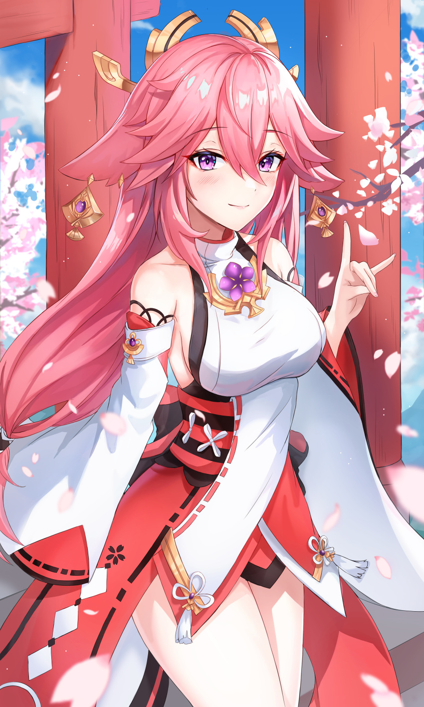 1girl absurdres animal_ears arm_at_side bare_shoulders blush breasts cherry_blossoms closed_mouth cowboy_shot detached_sleeves falling_petals floppy_ears flower_knot fox_ears fox_shadow_puppet genshin_impact hair_between_eyes hair_flaps hair_ornament hand_up highres japanese_clothes large_breasts long_sleeves looking_at_viewer neon_(hhs9444) petals pink_hair purple_eyes shirt sideboob sleeveless sleeveless_shirt sleeves_past_wrists smile solo tassel thighs torii turtleneck white_sleeves wide_sleeves yae_miko