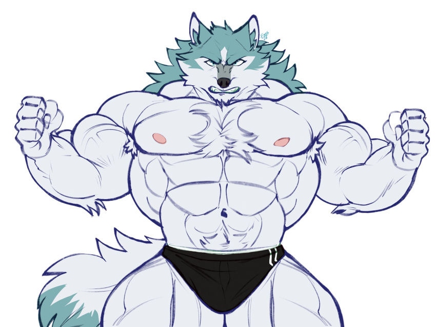 abs anthro biceps big_muscles black_nose blue_body blue_eyes blue_fur brand_new_animal canid canine canis chest_tuft flexing fur hi_res huge_muscles hyper hyper_muscles inner_ear_fluff kinaruoopsy male mammal multicolored_body multicolored_fur muscular muscular_anthro muscular_male navel nipples pecs pink_nipples shirou_ogami simple_background solo studio_trigger tuft veiny_muscles white_body white_fur wolf
