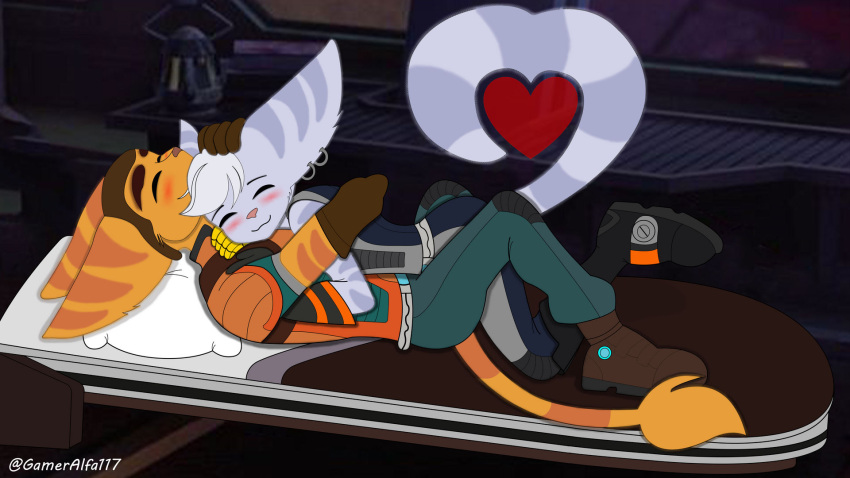 &lt;3 bed bedroom blush duo embrace female furniture gameralfa117 hi_res hug lombax love lovely male male/female mammal ratchet ratchet_and_clank rivet_(ratchet_and_clank) romantic romantic_couple sleeping sony_corporation sony_interactive_entertainment togetherforever video_games