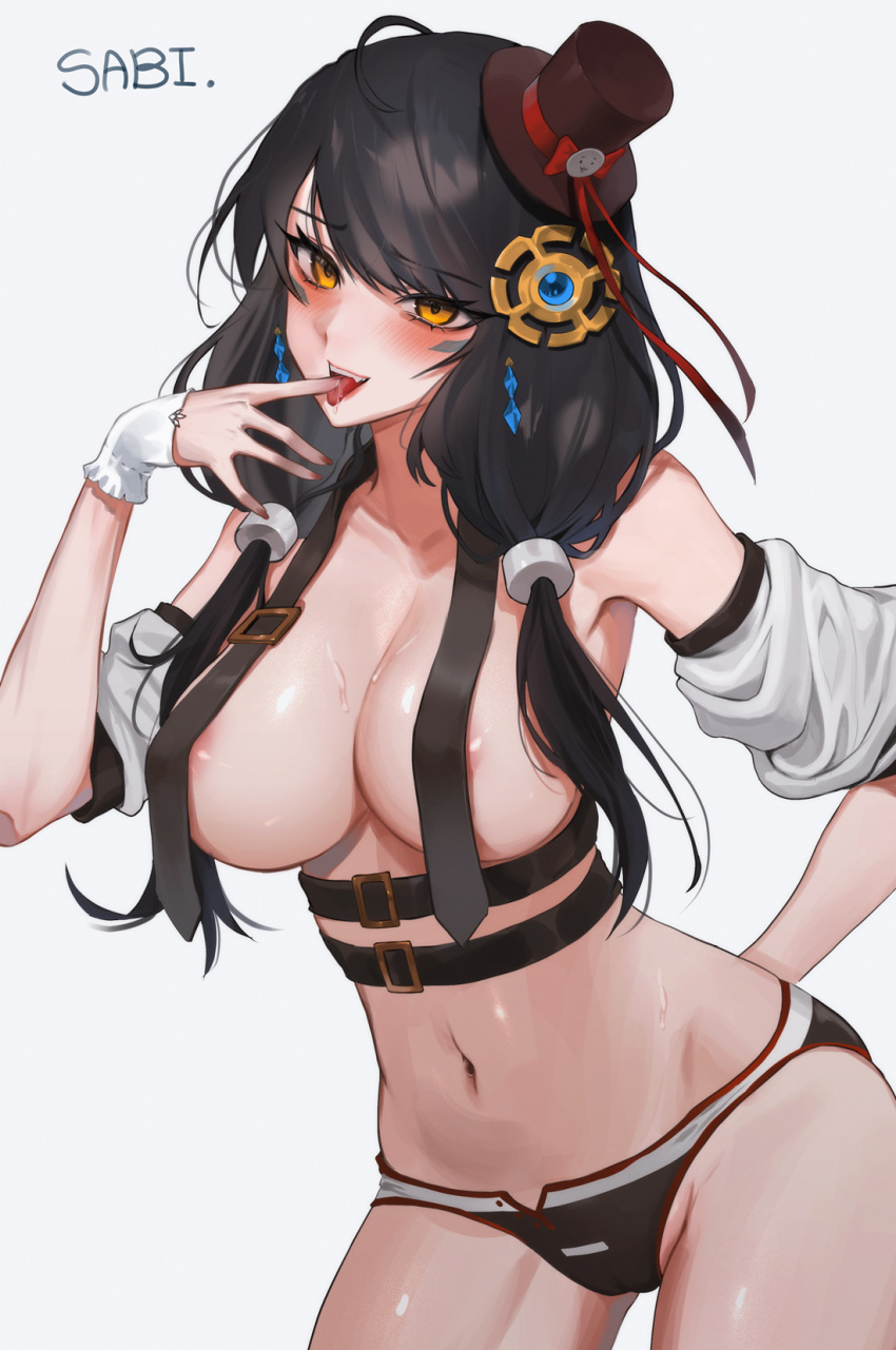 1girl ahoge areola_slip armpits bare_shoulders belt beltbra bikini bikini_bottom_only black_bikini black_hair breasts brown_headwear cleavage collarbone commission cowboy_shot detached_sleeves drooling elsword eve_(2nas)_(elsword) eve_(elsword) finger_to_mouth hair_ornament hair_over_shoulder hand_up hat highres large_breasts long_hair looking_at_viewer low_twintails multiple_belts navel open_mouth sabi_ghke4333 second-party_source short_sleeves simple_background smile solo standing stomach swimsuit tilted_headwear tongue tongue_out top_hat twintails white_background