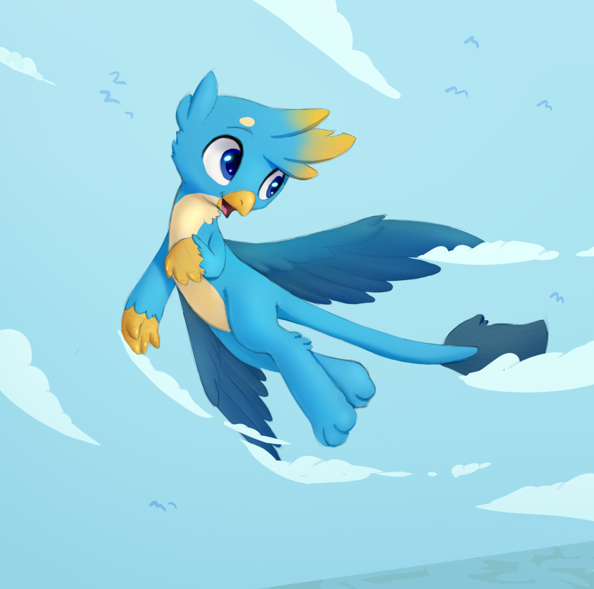 2018 absurd_res avian beak blue_body blue_eyes blue_feathers chest_tuft cloud digital_media_(artwork) feathered_wings feathers flying friendship_is_magic gallus_(mlp) gryphon hasbro hi_res male my_little_pony mythological_avian mythology paws sky solo swerve-art tail_tuft tan_body tuft wings yellow_beak