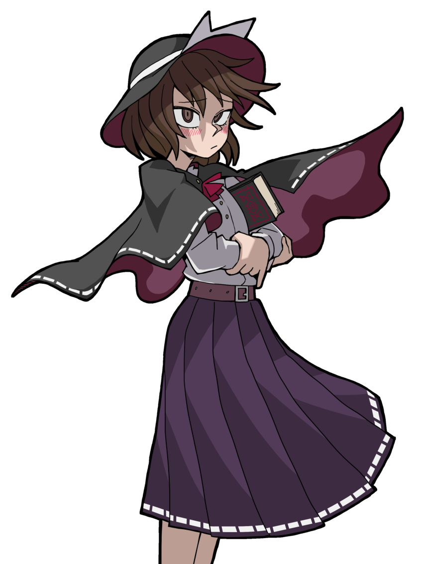 1girl absurdres bangs black_capelet black_headwear black_skirt book brown_eyes brown_hair capelet closed_mouth crossed_arms eddybird55555 english_commentary fedora hat highres long_sleeves looking_at_viewer shirt short_hair simple_background skirt solo standing touhou usami_renko vanripper_(style) white_background white_shirt
