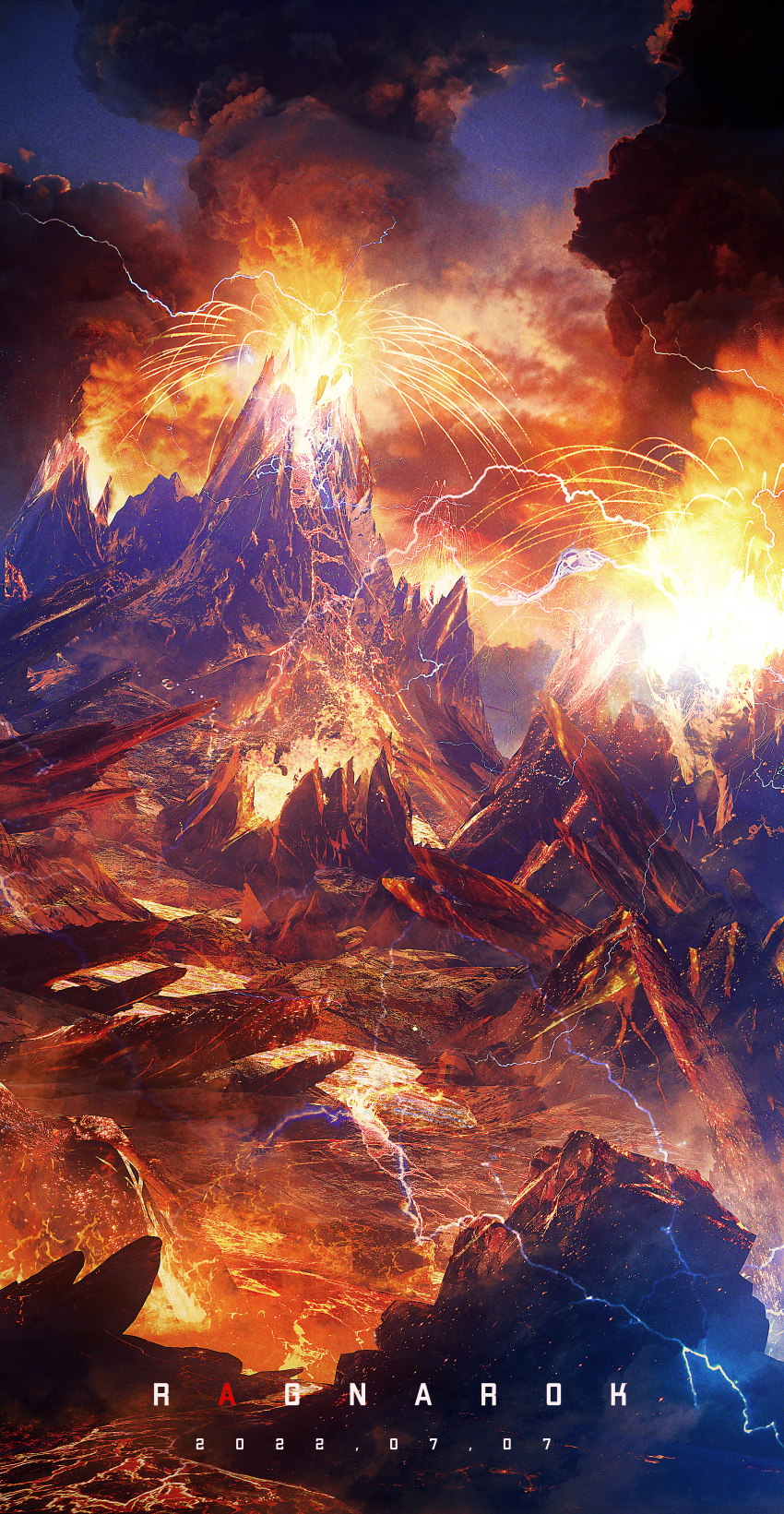 absurdres cloud cloudy_sky dark_clouds electricity explosion fantasy fire highres hot molten_rock mountain mountainous_horizon nature no_humans original peak rei_(lappy_mofumofu) scenery sky sparks text_focus volcano