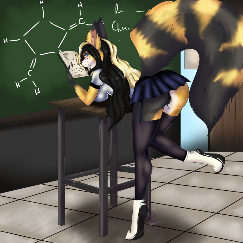 anthro classroom clothed clothing desk digital_media_(artwork) domestic_cat felid feline felis female furniture hair hi_res jenny_(dandarkheart) legwear mammal mizukithia school school_desk school_uniform solo table uniform