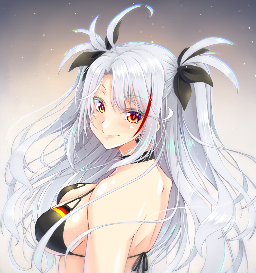 1girl ahoge azur_lane bangs bikini black_bikini black_ribbon blush breasts closed_mouth commentary cross cross_earrings earrings eyebrows_hidden_by_hair from_side gekato german_flag gradient gradient_background grey_background grey_hair hair_ribbon highres jewelry lips long_hair looking_at_viewer looking_back medium_breasts multicolored_hair official_alternate_costume parted_bangs prinz_eugen_(azur_lane) prinz_eugen_(unfading_smile)_(azur_lane) red_eyes red_hair ribbon simple_background smile solo streaked_hair string_bikini swimsuit twintails two-tone_hair upper_body