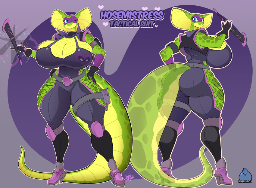 &lt;3 absurd_res anthro big_breasts breast_squish breasts cleavage clothed clothing cobra domino_mask english_text female gloves handwear hi_res high_heels hosemistress huge_breasts jaeh looking_at_viewer looking_back mask non-mammal_breasts one_eye_closed reptile scalie snake solo squish text thick_thighs wink