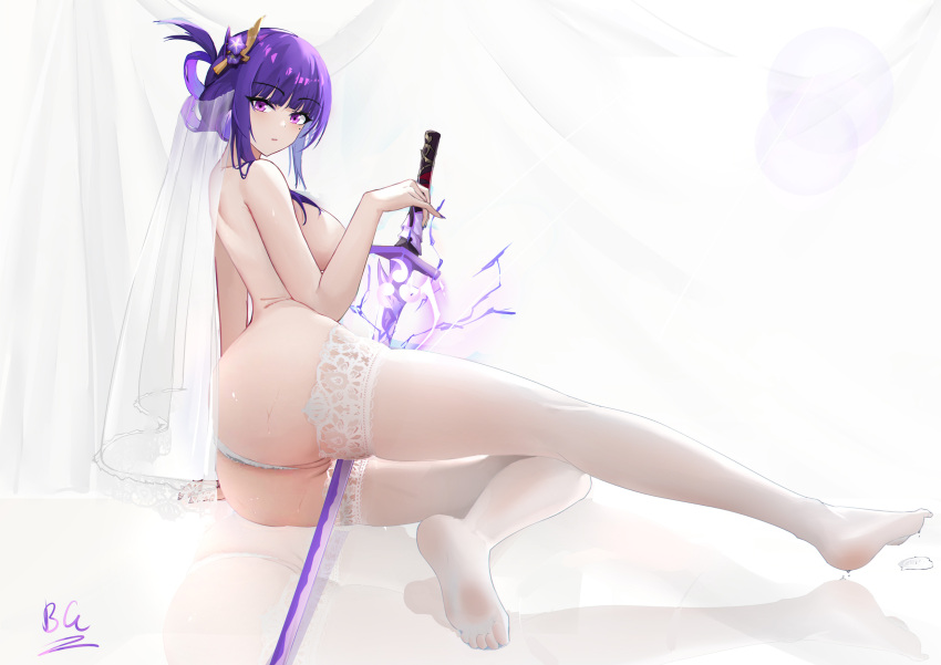 1girl ass baige0 bangs breasts crotch_seam feet from_behind genshin_impact hair_ornament headdress highres lace lace_panties lace_trim large_breasts looking_at_viewer looking_back lying on_side panties purple_eyes purple_hair pussy raiden_shogun soles solo sword sword_between_thighs thick_thighs thighhighs thighs turning_head underwear weapon white_panties white_thighhighs