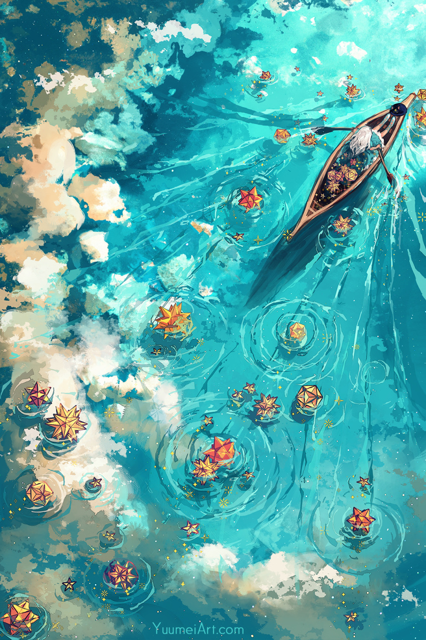 1girl animal black_cat blue_dress boat cat cloud commentary dress english_commentary facing_away floating highres lake long_hair original reflection ripples rowboat rowing sitting small_stellated_dodecahedron solo star_(symbol) stellated_octahedron water watercraft watermark web_address white_hair yuumei