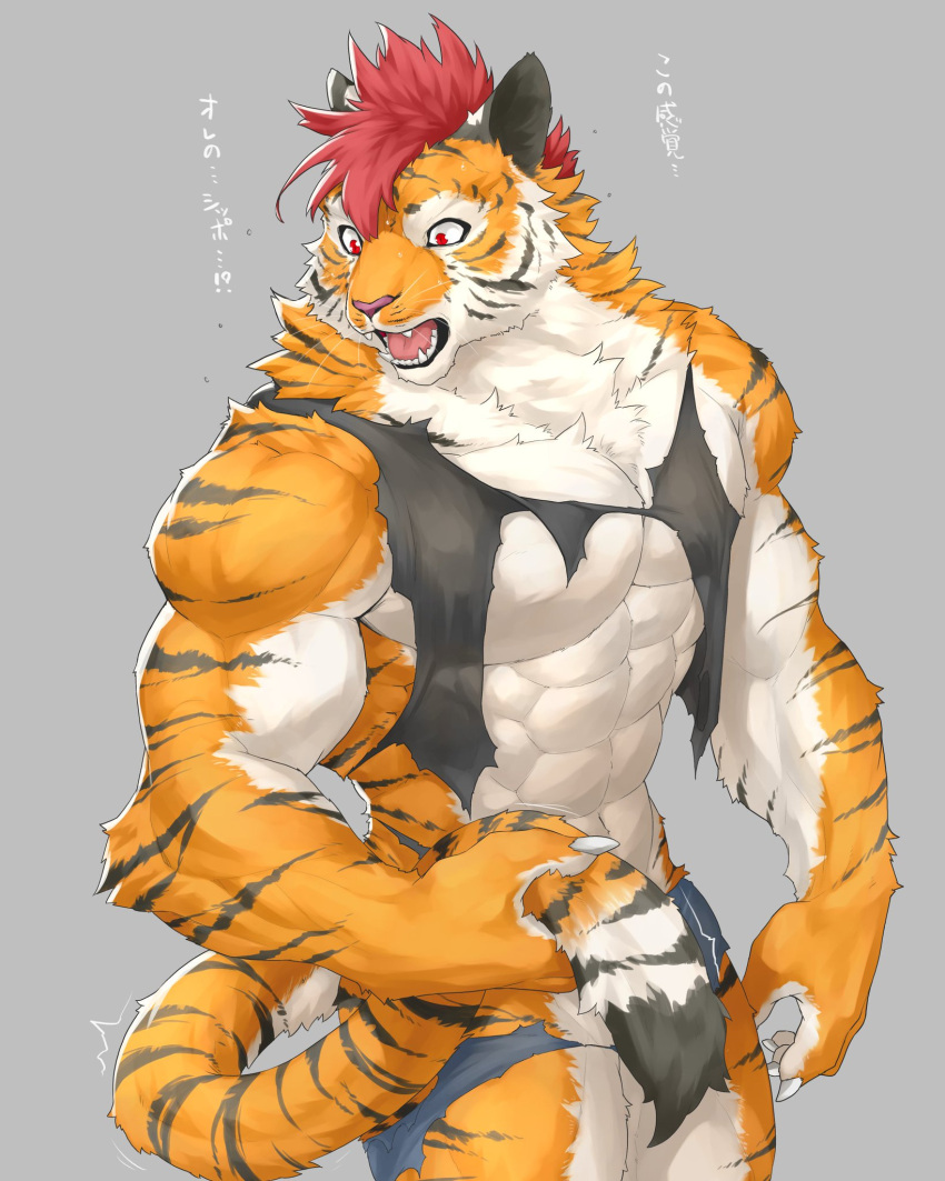 anthro captainjohkid felid fur hair hi_res japanese_text male mammal muscular muscular_anthro muscular_male pantherine red_eyes red_hair solo striped_body striped_fur stripes text tiger