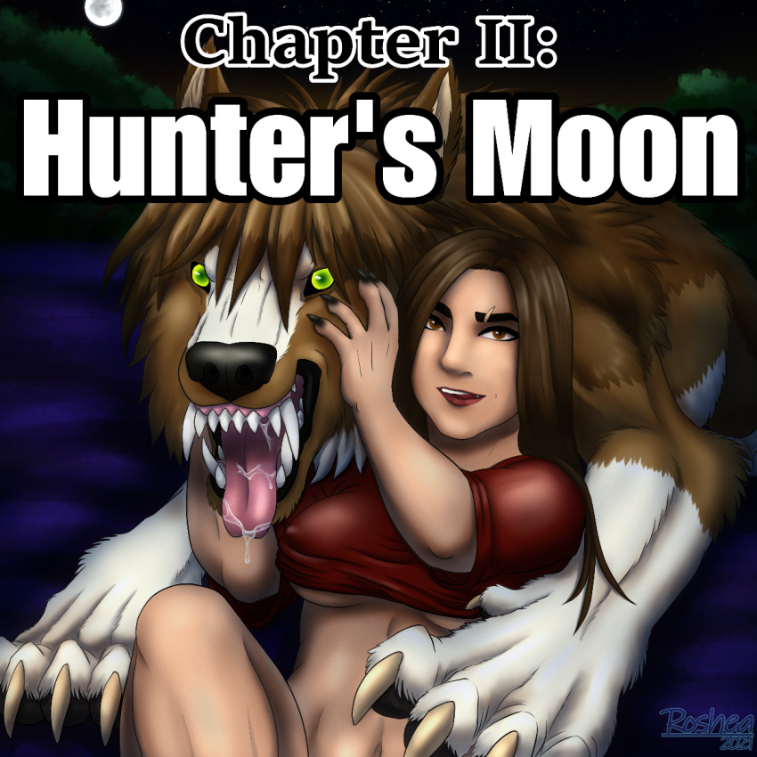 1:1 2021 black_nose bodily_fluids breasts brown_body brown_fur brown_hair canid canine claws clothing comic cover cover_art cover_page drooling duo english_text eyebrows fangs female feral finger_claws full_moon fur hair hand_on_face hi_res human long_hair male male/female mammal moon multicolored_body multicolored_fur navel night nipple_outline paws roshea_(rosheatfreak) rosheatfreak saliva saliva_on_tongue scott_(rosheatfreak) shirt shirt_up signature teeth text topwear two_tone_body two_tone_fur under_boob were werecanid werecanine werewolf white_body white_fur yellow_eyes