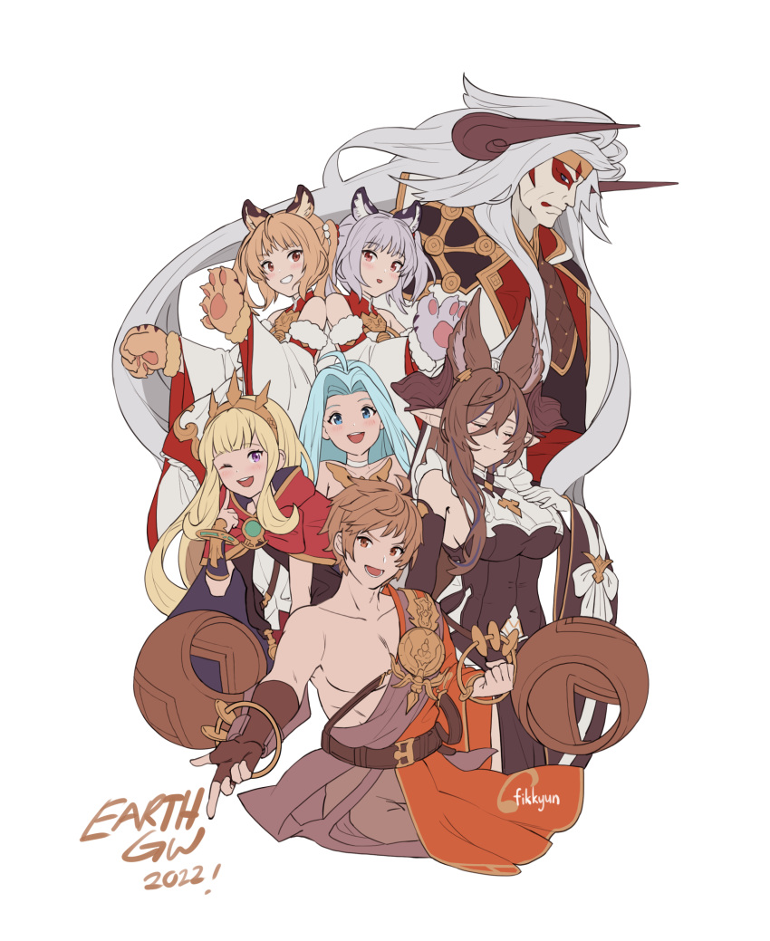 2boys 5girls ahoge animal_ears animal_hands artist_name bai_(granblue_fantasy) bangs bare_shoulders belt blonde_hair blue_hair blush breasts brown_hair cagliostro_(granblue_fantasy) capelet choker cidala_(granblue_fantasy) clenched_hand closed_eyes closed_mouth collarbone dated detached_sleeves dress eahta_(granblue_fantasy) facepaint fikkyun fingerless_gloves galleon_(granblue_fantasy) gloves gran_(granblue_fantasy) granblue_fantasy grin hadanugi_dousa hairband hand_on_own_chest headband highres horns huang_(granblue_fantasy) index_finger_raised japanese_clothes kimono large_breasts long_hair looking_at_viewer lyria_(granblue_fantasy) monk_(granblue_fantasy) multiple_boys multiple_girls one_eye_closed open_mouth orange_eyes parted_lips paw_gloves pointy_ears post_guild_war_celebration purple_eyes purple_hair short_hair simple_background single_glove sleeveless sleeveless_dress smile teeth tiger_ears tiger_paws twintails upper_body very_long_hair white_background white_hair wide_sleeves