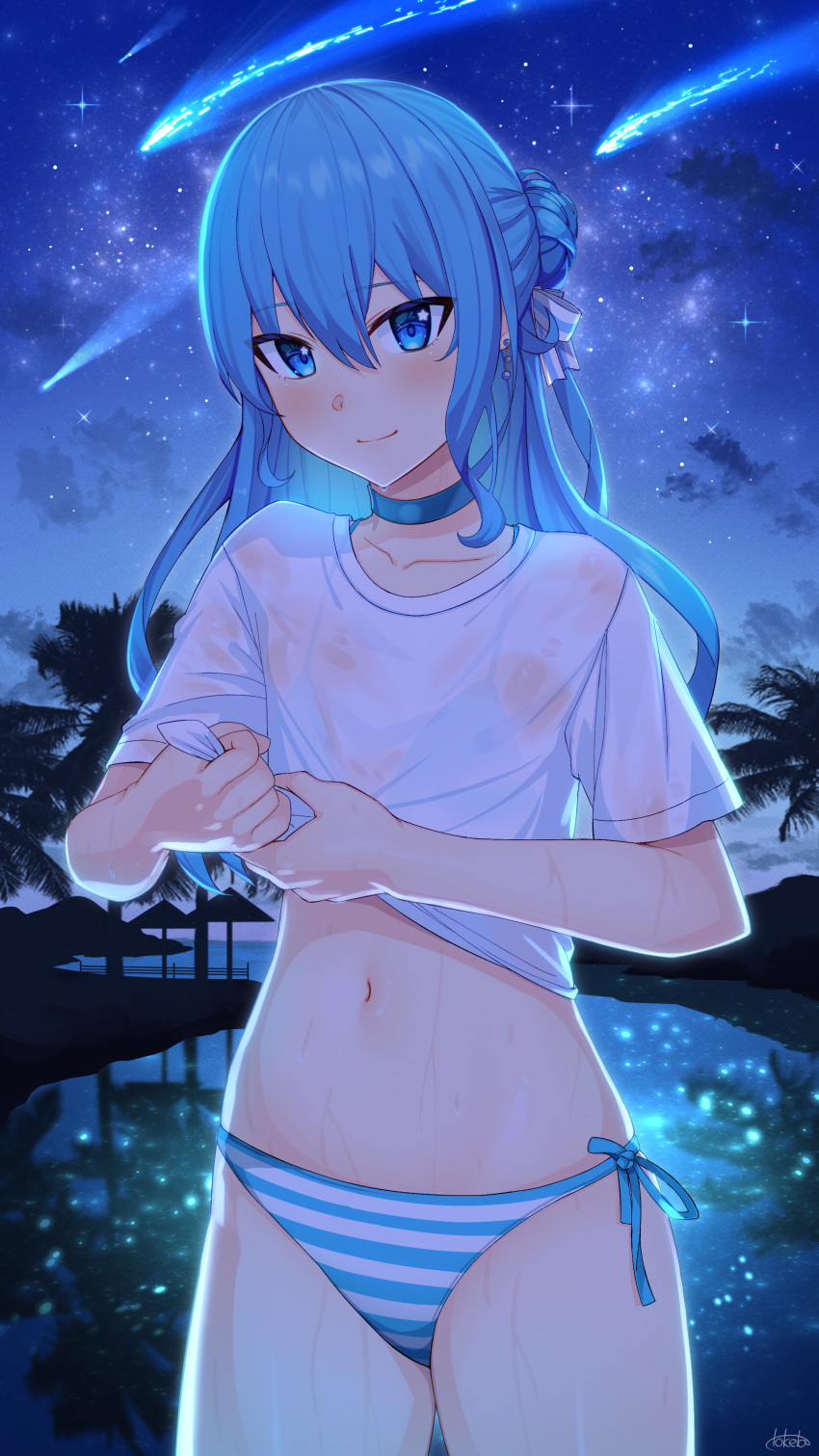 1girl absurdres bangs bikini blue_eyes blue_hair blush closed_mouth comet cowboy_shot hair_between_eyes hair_bun hair_ribbon highres hololive hoshimachi_suisei long_hair midriff navel night night_sky outdoors palm_tree ribbon shirt short_sleeves side-tie_bikini single_hair_bun sky smile solo standing star_(sky) star_(symbol) star_in_eye starry_sky striped striped_bikini swimsuit symbol_in_eye toketa_(toketa15) tree virtual_youtuber water wet wet_clothes wet_shirt white_ribbon wringing_clothes