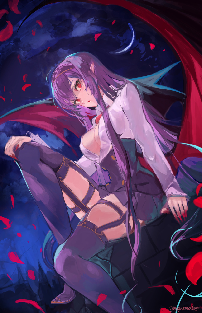 1girl ariya_(nagasawa_tougo) bangs breasts buttons cleavage double-breasted falling_petals fingernails garter_straps hairband hand_on_own_knee high-waist_skirt highres knee_up large_breasts long_fingernails long_hair long_sleeves nagasawa_tougo night open_clothes open_shirt original petals pointy_ears purple_eyes purple_hair red_eyes red_nails skirt solo thighhighs twitter_username vampire