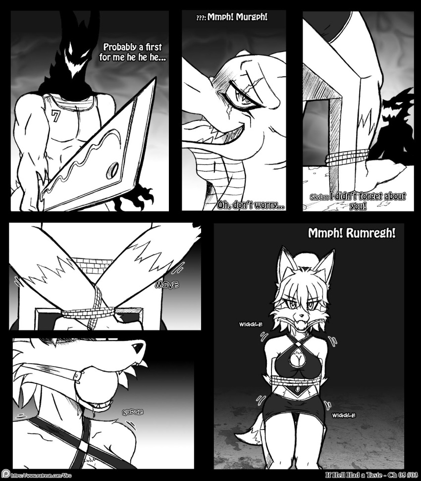 2017 anthro arms_tied ball_gag bodily_fluids bottomwear bound breasts canid canine chair clothing comic dragon duo english_text female fox furniture gag hair hi_res if_hell_had_a_taste knife legs_tied male mammal monochrome muscular muscular_anthro muscular_male pants ponytail rope saliva scales scar shirt sitting skylar_fidchell text tiffany_brewwer topwear viroveteruscy