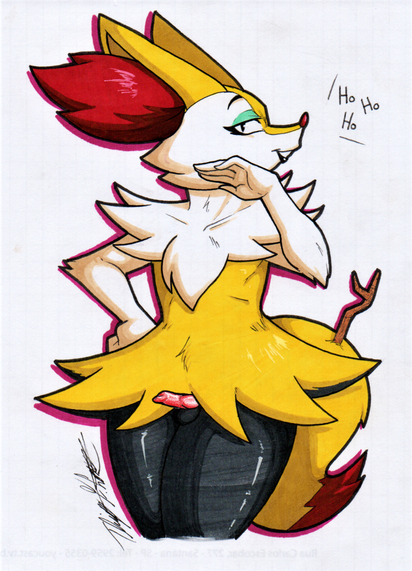 animal_genitalia animal_penis anthro braixen canid canine erection eyeshadow genitals hi_res inner_ear_fluff laugh makeup male mammal nintendo penis pok&eacute;mon pok&eacute;mon_(species) rotten_owl simple_background small_penis solo traditional_media_(artwork) tuft video_games white_background