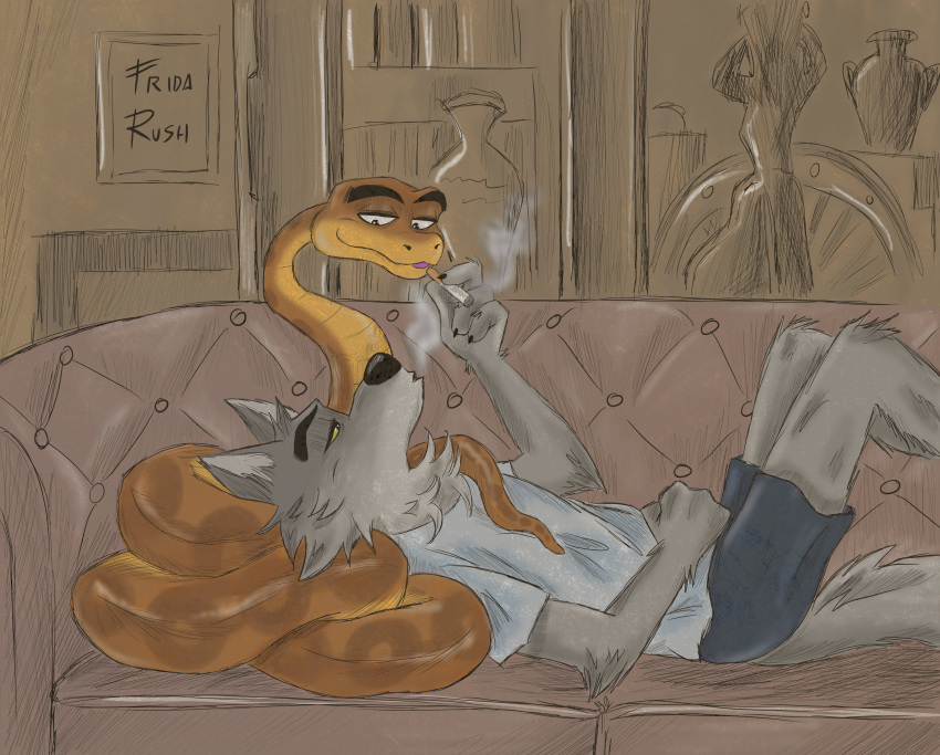 absurd_res anthro blowing_smoke bottomwear brown_body brown_fur canid canine canis casual_clothing cigarette cigarette_smoke clothed clothing dreamworks duo feral fingers fridarush fur furniture hi_res holding_cigarette holding_object legless lying lying_on_another lying_on_sofa male mammal mr._snake_(the_bad_guys) mr._wolf_(the_bad_guys) on_sofa reptile scalie shirt shorts smoke smoking snake sofa the_bad_guys topwear traditional_media_(artwork) wolf