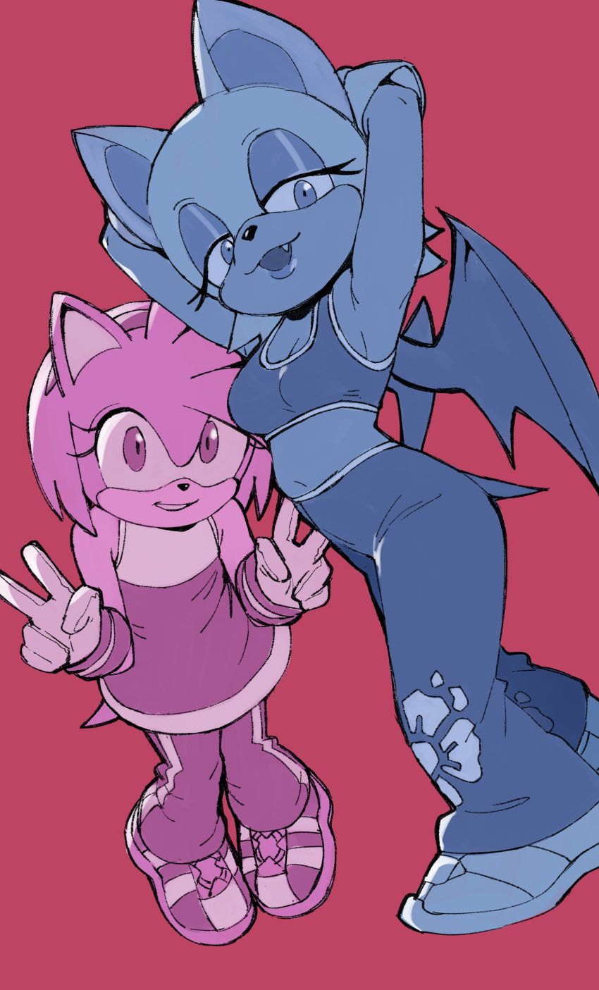 2girls absurdres amy_rose animal_ears animal_nose armpits arms_behind_head bat_wings breasts eyelashes eyeliner fang floral_print furry furry_female gloves highres makeup multiple_girls navel red_background rouge_the_bat sonic_(series) sonic_riders sports_bra sportswear tail v wings woogleboy