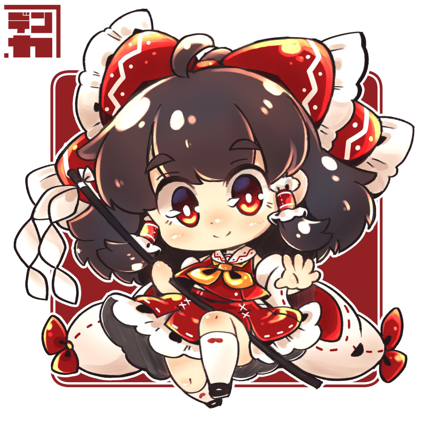 ascot black_footwear bow brown_hair chibi collared_shirt detached_sleeves dnk frilled_bow frilled_hair_tubes frilled_shirt_collar frilled_skirt frills gohei hair_bow hair_tubes hakurei_reimu highres kneehighs long_hair red_bow red_eyes red_shirt red_skirt red_vest ribbon-trimmed_sleeves ribbon_trim shirt shoes skirt skirt_set sleeveless sleeveless_shirt socks touhou vest white_sleeves wide_sleeves yellow_ascot