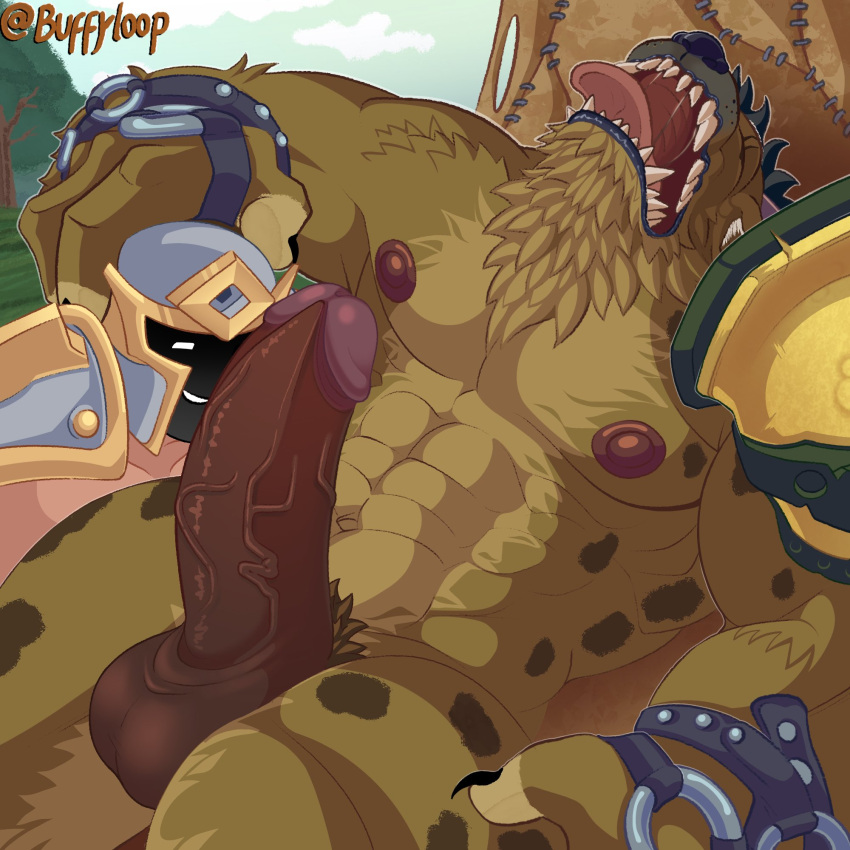abs anthro anthro_dominating_human armor balls big_balls big_dom_small_sub big_penis black_hair blizzard_entertainment bodily_fluids bottomwear brown_body brown_fur buffyloop bulge chest_tuft clothing dominant dominant_anthro dominant_male drooling duo erection eyes_closed fangs fur genitals gnoll hair headgear helmet hi_res hogger human human_on_anthro hyaenid imminent_oral imminent_sex interspecies larger_anthro larger_male male male/male mammal mostly_nude muscular muscular_anthro muscular_male navel nipples pauldron pecs penis saliva signature size_difference smaller_human smaller_male submissive submissive_human submissive_male teeth tongue tongue_out tuft video_games warcraft