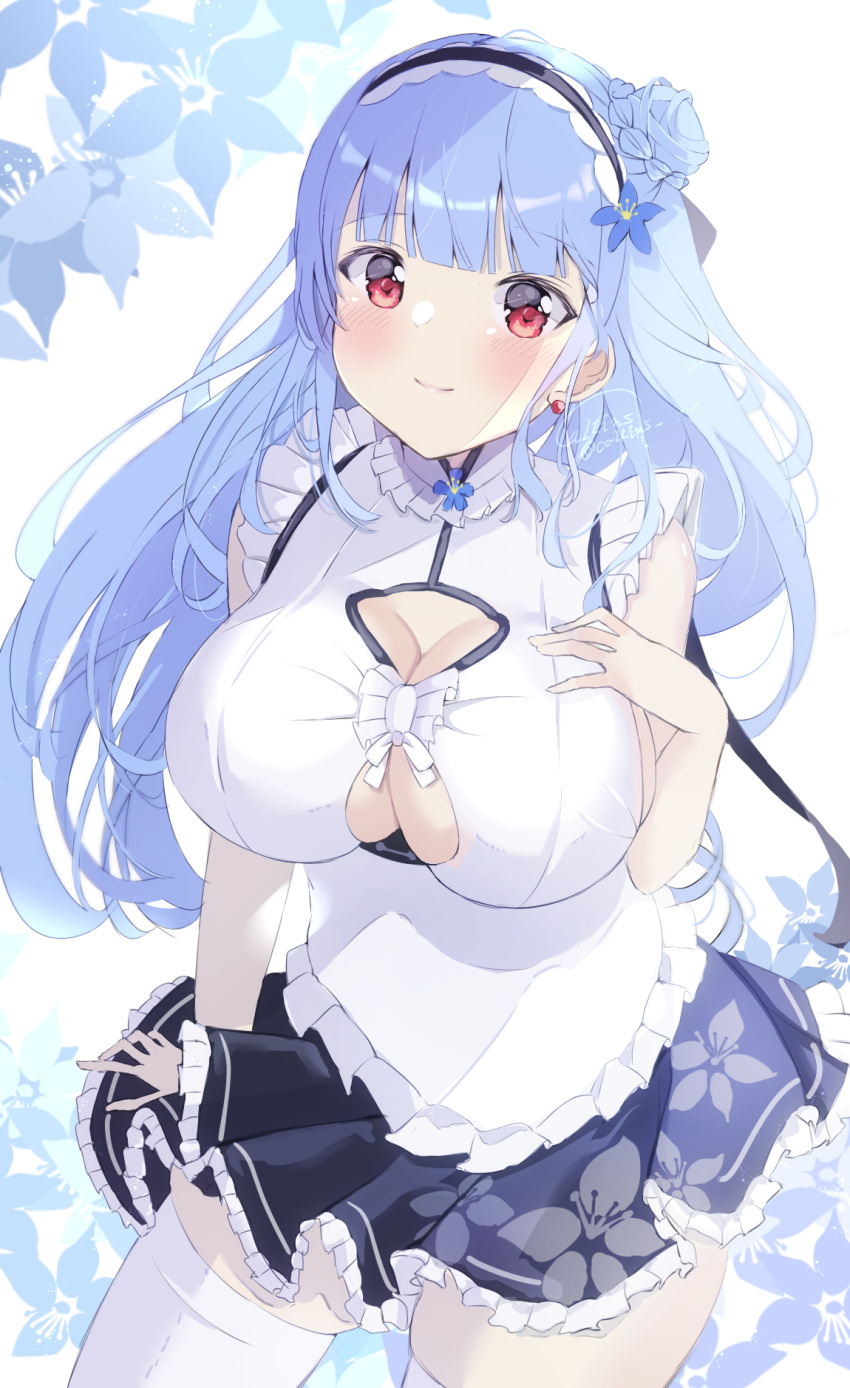 1girl adapted_costume azur_lane black_skirt blue_hair blush braid braided_ponytail breasts caltins cleavage cleavage_cutout closed_mouth clothing_cutout dido_(azur_lane) earrings hair_bun hairband hand_on_own_chest highres jewelry large_breasts lolita_hairband looking_at_viewer one_side_up qi_maid red_eyes shirt single_side_bun skin_tight skirt sleeveless sleeveless_shirt smile solo thighhighs underboob_cutout white_skirt white_thighhighs