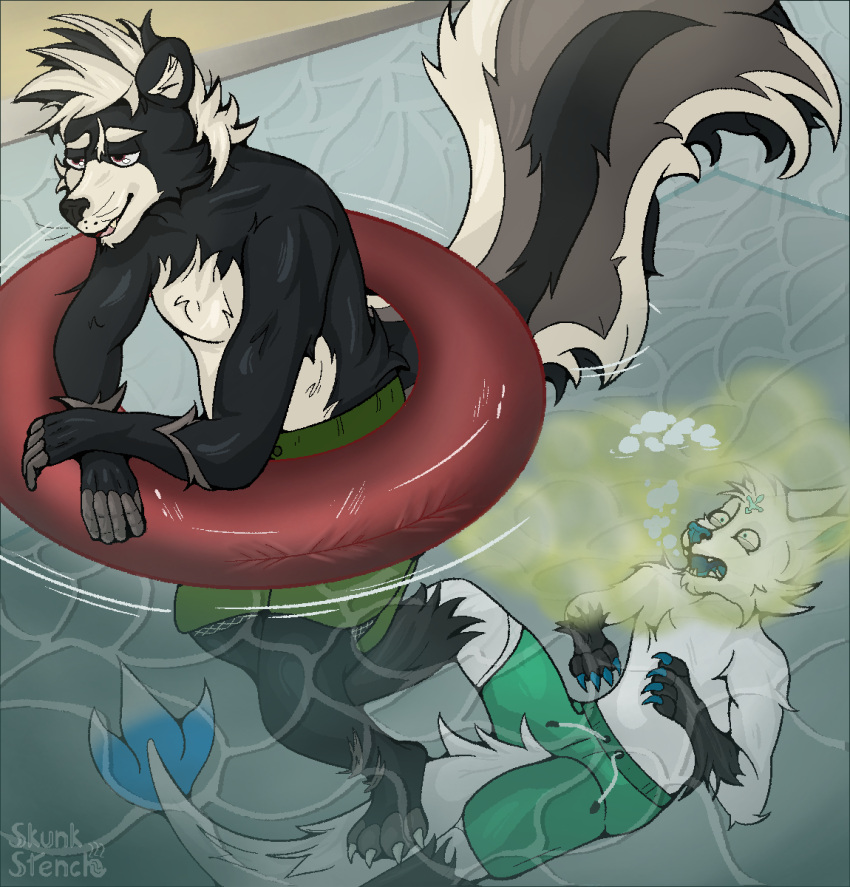 anthro black_and_white_fur bubble canid canine canis clothed clothing dragon duo fangs fart fart_cloud flatulance fur gas hair hi_res kaden_(luniethewolf66) male male/male mammal mephitid open_mouth pool_toy relieved skunk skunkstench swimming swimming_pool swimming_trunks swimwear topless unaware water white_body white_fur wide_eyed wolf