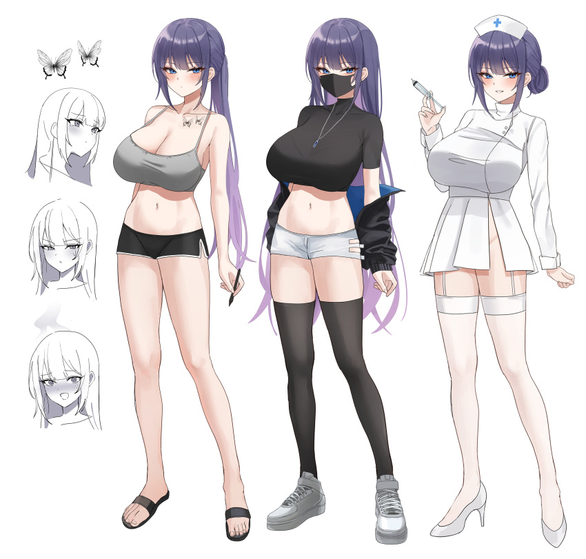 1girl absurdres bangs bare_shoulders biya_(1024) blue_eyes breasts butterfly_tattoo cleavage collarbone highres large_breasts long_hair long_sleeves looking_at_viewer multiple_tails navel original purple_hair reference_sheet tail tattoo thighhighs yuna_(biya_(1024))