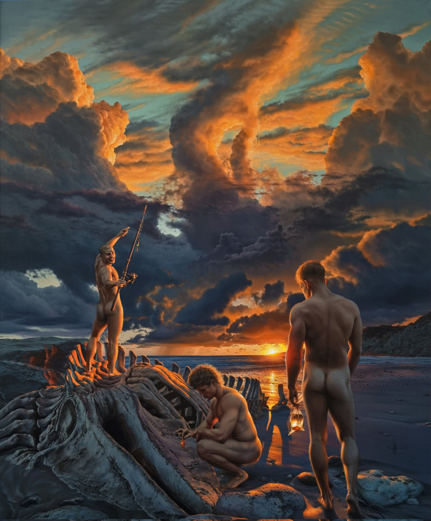 3boys animal arm_hair ass back bara beach black_hair bone chest_hair cloud completely_nude dinosaur fish fishing_rod fossil harryowl13 highres holding holding_animal holding_fish holding_fishing_rod large_pectorals leg_hair looking_at_another male_focus multiple_boys muscular muscular_male nude original outdoors pectorals pointing prehistoric_animal short_hair skeleton sky smile squatting sunset very_short_hair