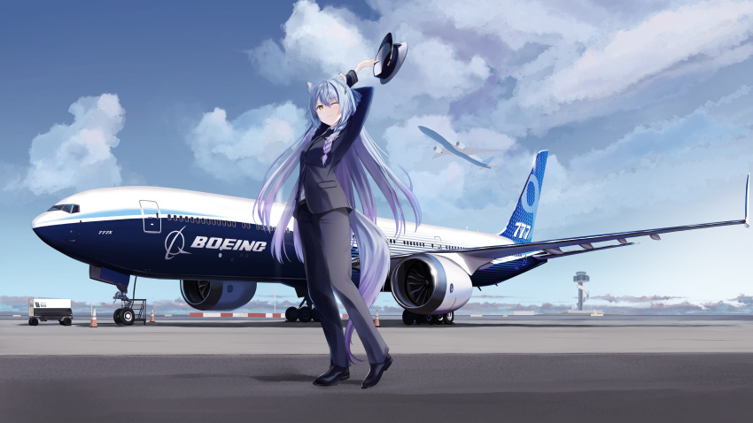 1girl absurdres aircraft airplane airport arms_up bakanuki_mika bangs black_footwear blue_hair blue_sky boeing boeing_777 closed_mouth cloud commentary_request formal hat highres holding holding_clothes holding_hat indie_virtual_youtuber long_hair one_eye_closed outdoors pilot_uniform png_pant_(bus) shadow shoes sky smile solo suit trailer virtual_youtuber wide_shot yellow_eyes